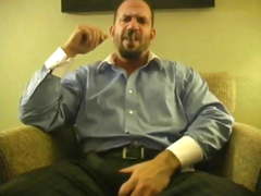Hot muscle hunk smoking cigar and jacking